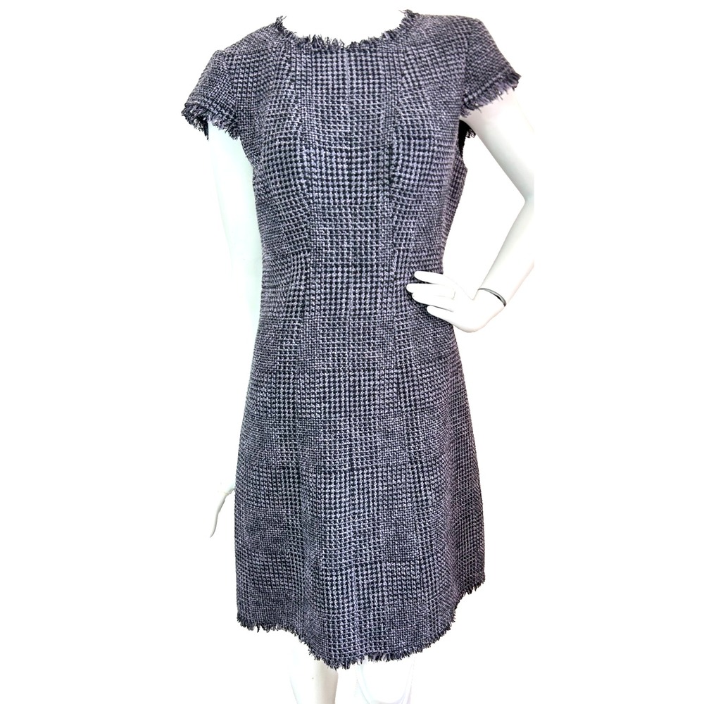 Rebecca Taylor Purple Cotton Tweed Plaid Fringe Shift Dress Dark Academia 10 EUC